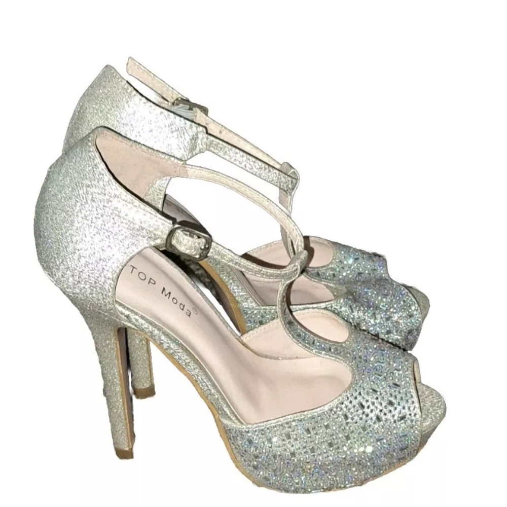 Top Moda Silver Glitter Heels Size 5 Women's Jeweled Stiletto Shoes SB6#10